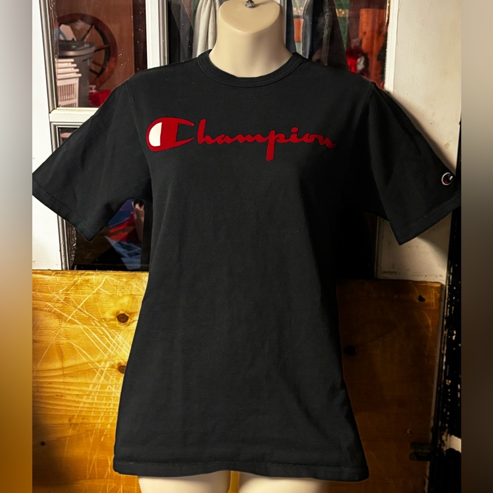 Champion Black Tee with Red Script Logo